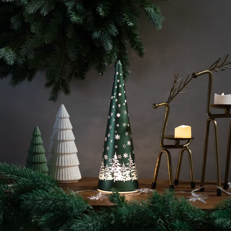 LED Lighted Snowy Forest Glass Christmas Cone Tree Decoration - 11.5"