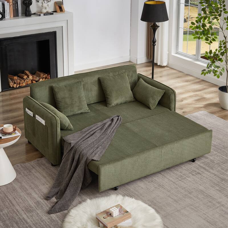 3-in-1 Pull Out Sleeper Sofa Bed, Convertible Corduroy Loveseat Couch with Casters, 4 Pillows and Side Pockets for Living Room - Green