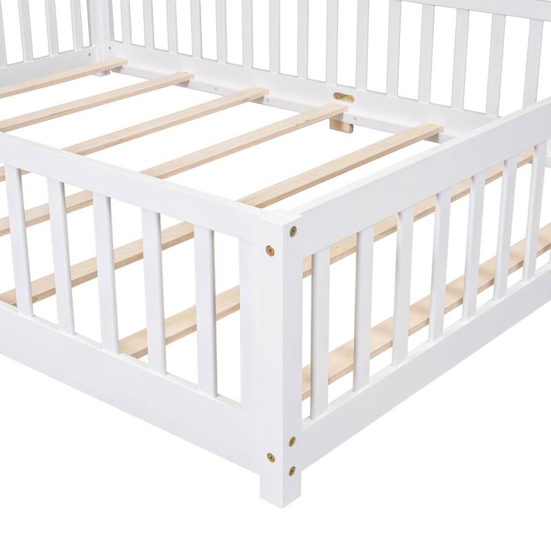 Queen size Floor Platform Bed with Fence Guardrails and Door