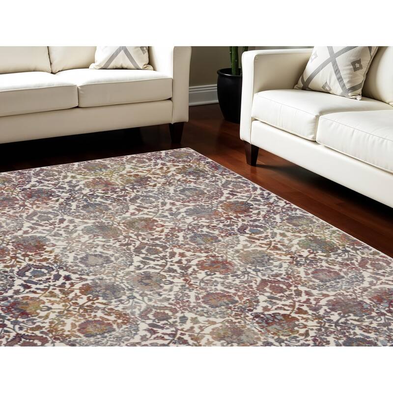 Power Loomed Distressed Floral Traditional Non Skid Area Rug - 118' X '94' X '0.5 - 118' X '94' X '0.5 - Cream/Onyx - Rectangle