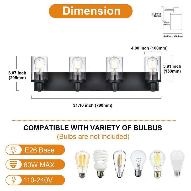 4 Light Bathroom Vanity Lighting with Clear Glass Shade