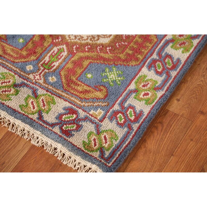 Blue Geometric Heriz Serapi Style Runner Rug Hand-Knotted Wool Carpet - 2'5" x 9'9"