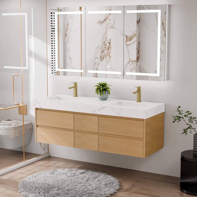 Modland 60" Floating Bathroom Vanity, Modern Maple Wood Wall Mounted Vanity with Marble Countertop,6 Soft-Close Drawers