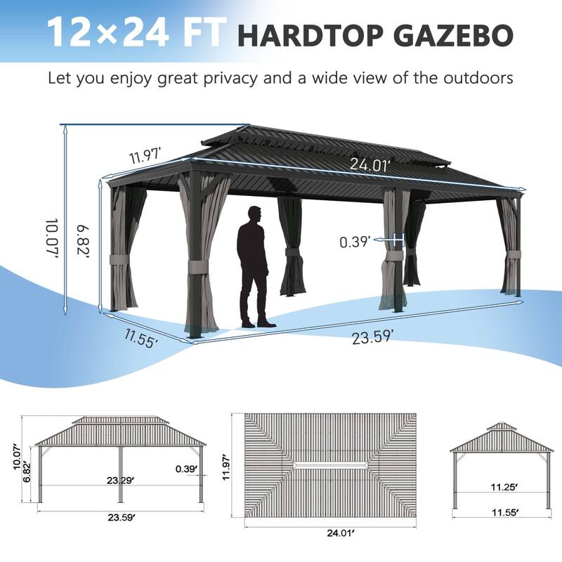 VEIKOUS Aluminum Double Hardtop Gazebo Pergola for Patio, Lawn, and Garden with Removable Netting
