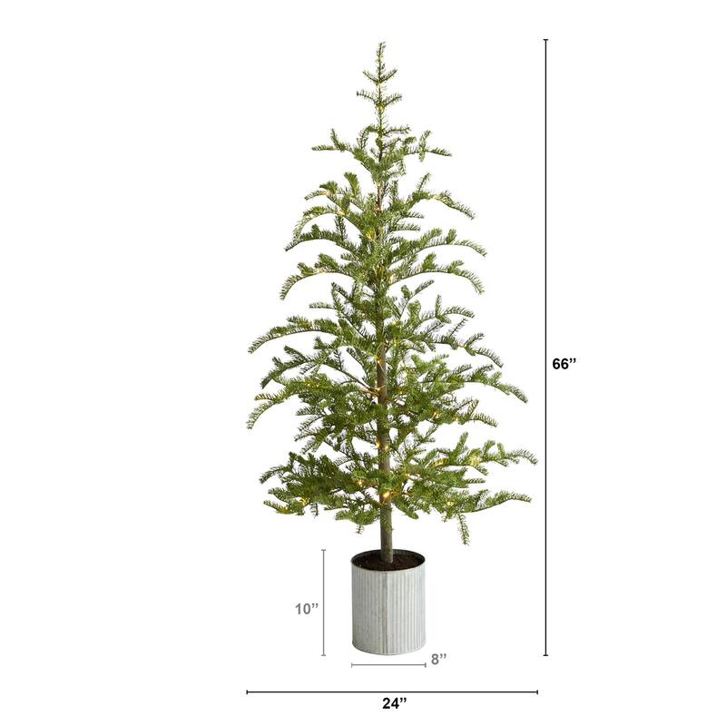 Pre-Lit Artificial Christmas Tree 5.5Ft Pine Tree with Planter & 150 Lights - Green - 66