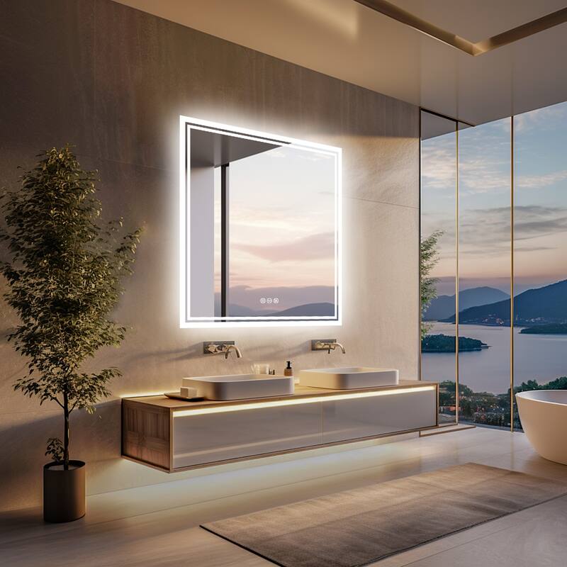 Bathroom Mirror Square Big LED Mirror Vanity Makeup Dimmable Anti-Fog - 32*32"