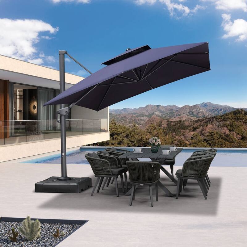 PURPLE LEAF Patio Cantilever Umbrella with 360 Degree Rotation - 9x12ft-Navy Blue