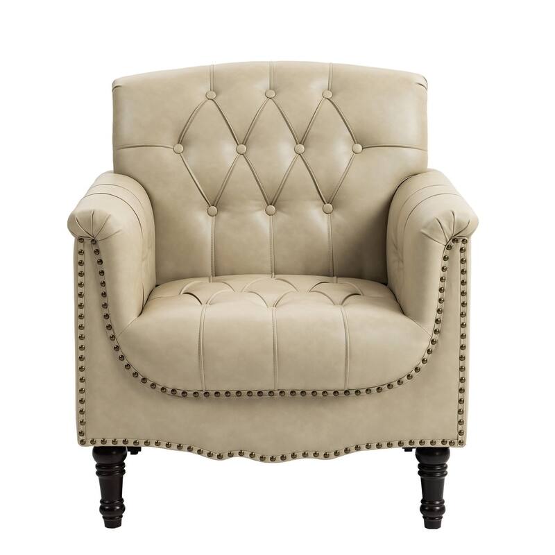 Modern Tufted Accent Chair with Nailhead Trim, Faux Leather Armchair