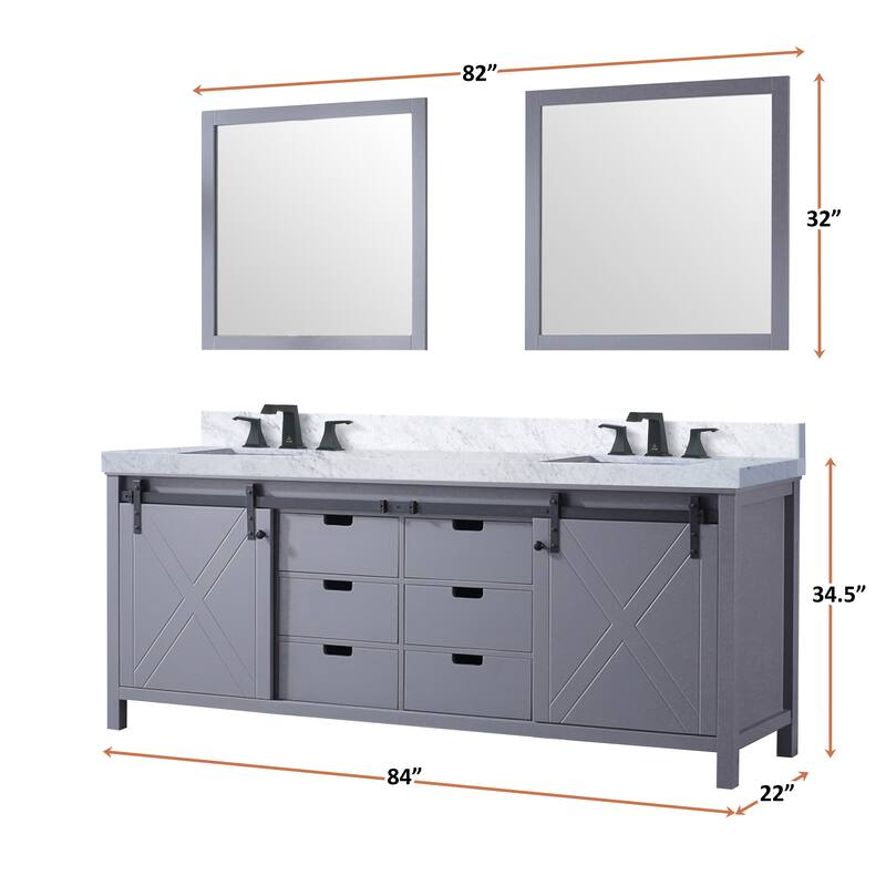 Marsyas 84 in W x 22 in D White Double Bath Vanity, Grey Quartz Countertop and 34 in Mirrors