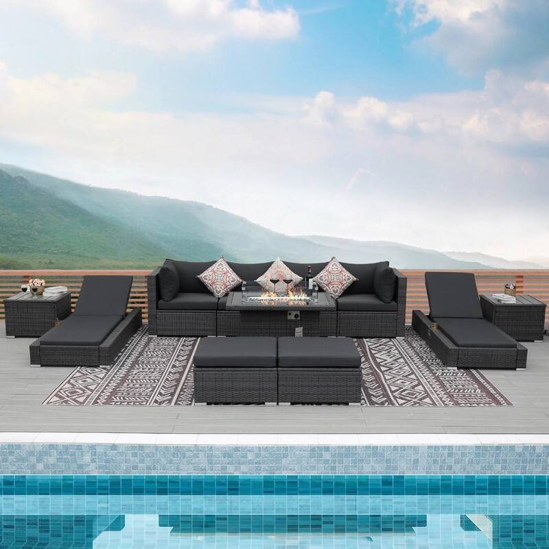 FINCATI 11 Pieces Patio Furniture Set Outdoor Sectional Sofa with Firepit Table