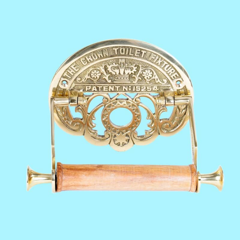 Toilet Paper Holder Wall Mount Brass 7.25" Vintage Crown Style with Wooden Roll