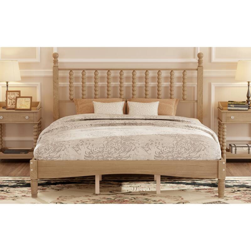 Natural Wood Queen Platform Bed with Curved Gourd Headboard, Vintage-Inspired Frame with Sturdy Slat Support