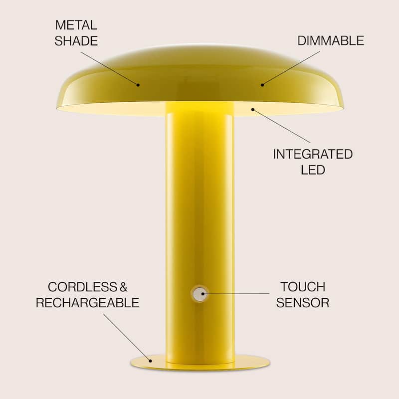 Boletus 11" Contemporary Bohemian Rechargeable/Cordless Iron Integrated LED Mushroom Table Lamp, by JONATHAN Y