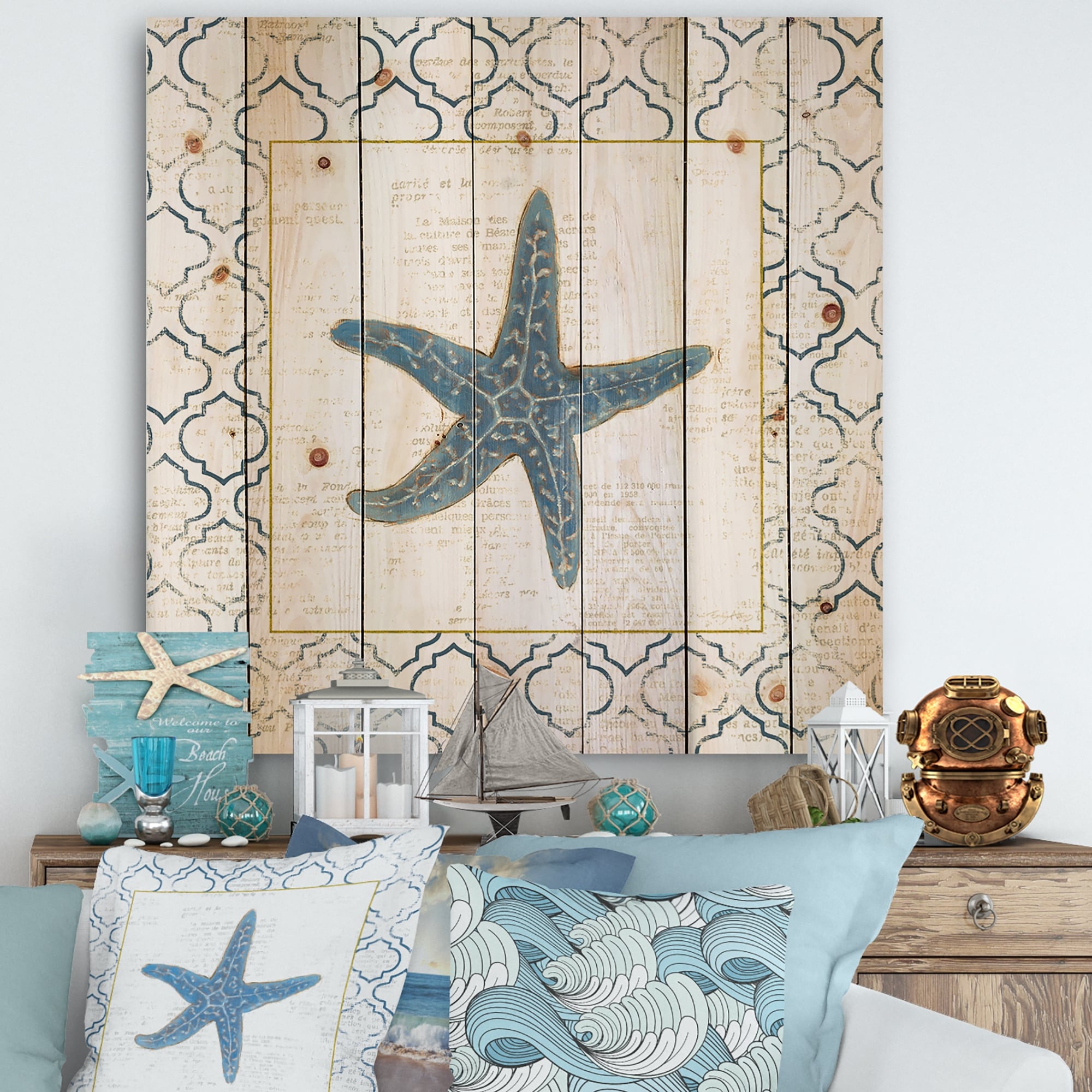 Designart 'Navy Starfish with Gold' Nautical  Coastal Print on Natural  Pine Wood Blue On Sale Bed Bath  Beyond 25972691