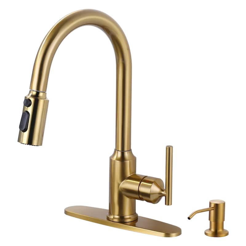 WOWOW Pull Down Sprayer Kitchen Faucet with Soap Dispenser - Brushed Gold