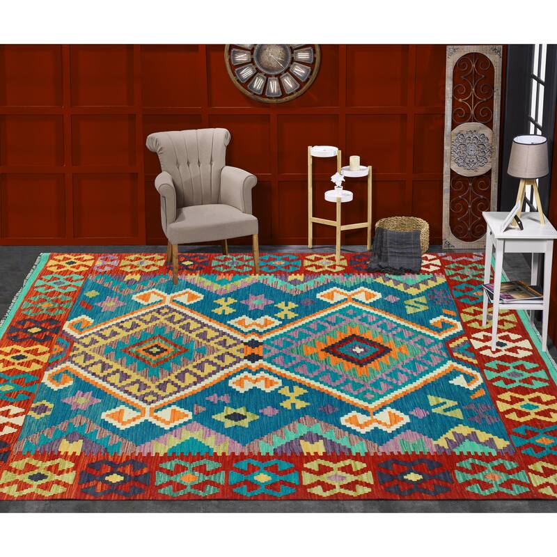 Flatweave Tansholp Blue/Red Rug - 5'0" x 6'6"