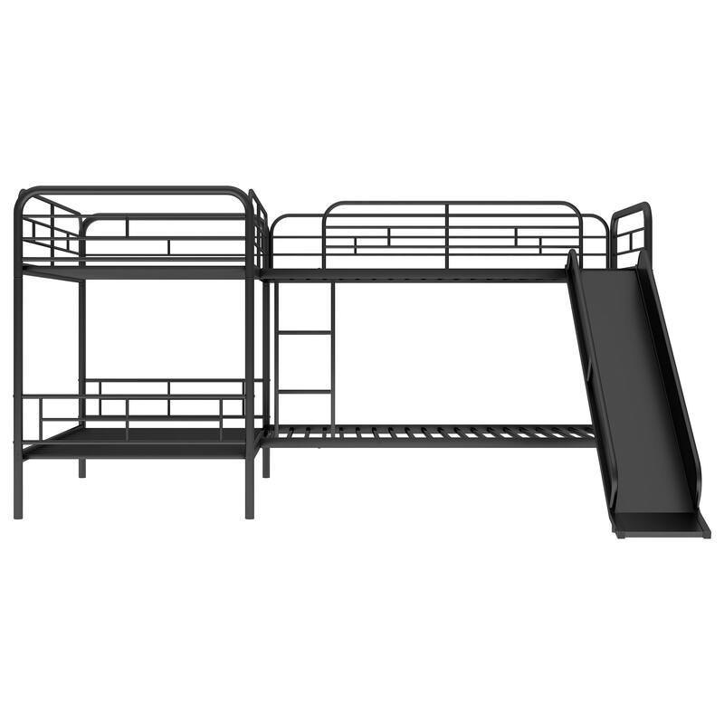 Twin Metal L-Shaped 4-in-1 Bunk Bed with Slide, Ladder, and Guardrails
