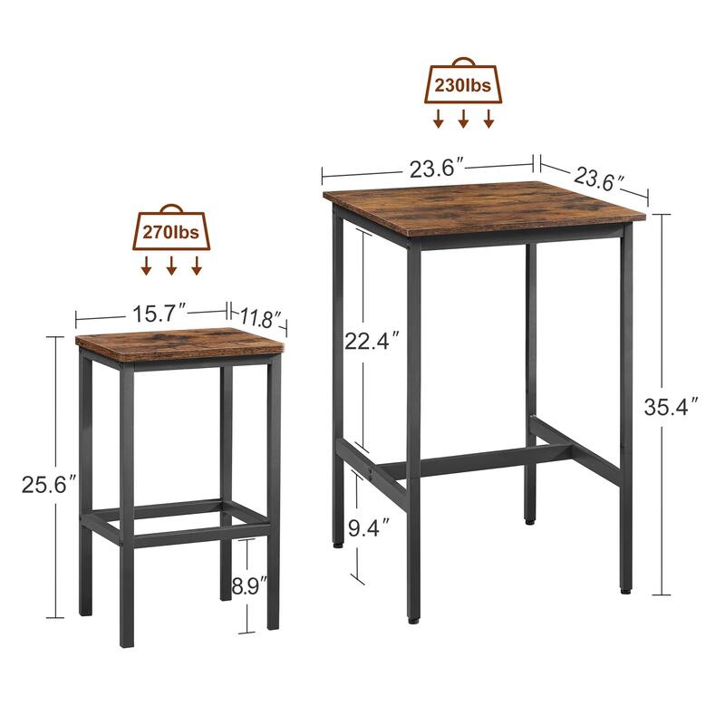 3-Piece Bar Table Set, Industrial Style Square Wood Bar Table with 2 Backless Bar Chairs - 23.6"Lx23.6"Wx35.4"H