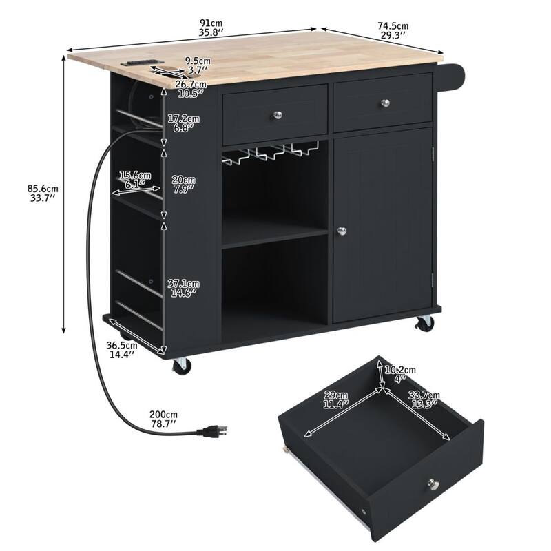 Kitchen Island with Power Outlet Kitchen Storage Island with Drop Leaf and Rubber Wood Open Storage and Wine Rack 5 Wheels