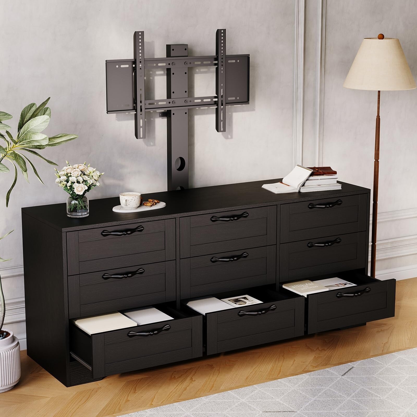 55" TV Stand with Mount for TVs 26-75", Modern Media Console with 9 Drawers & Adjustable Height TV Bracket