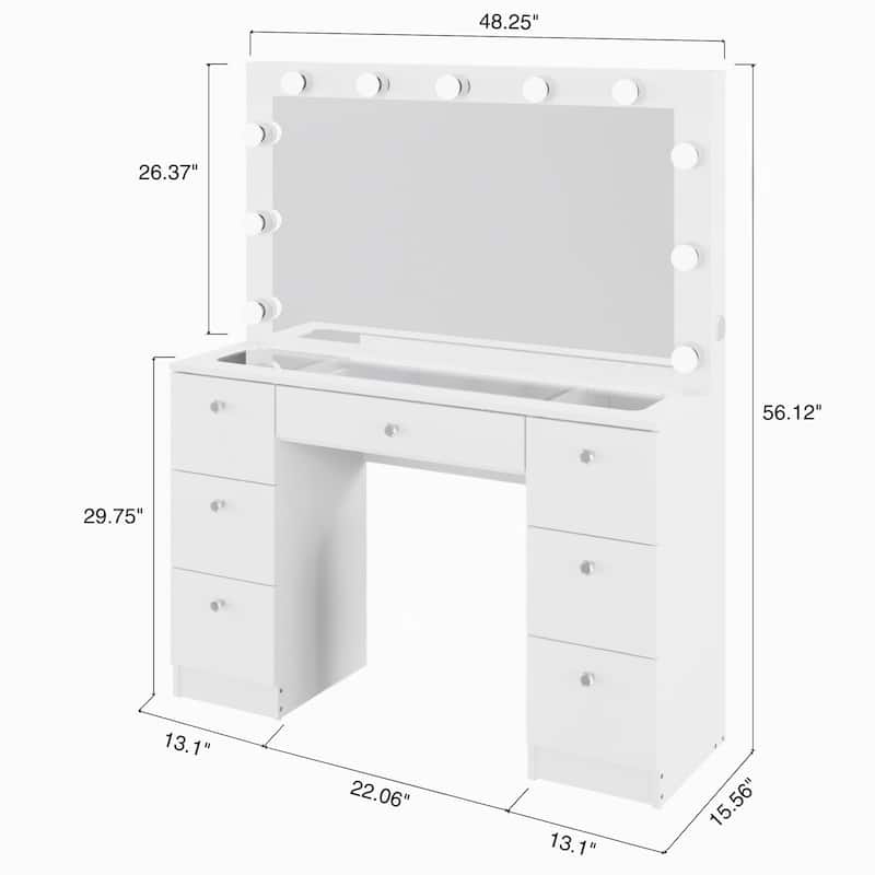 Boahaus Vanity Desk Glass Top with 7 Drawers & Lights Crystal knobs