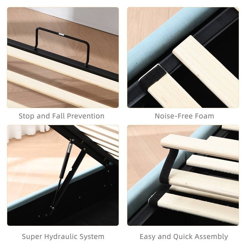 Plywood Frame Upholstered Platform Bed with Lift-up Storage Supported by Metal and Wooden Slats