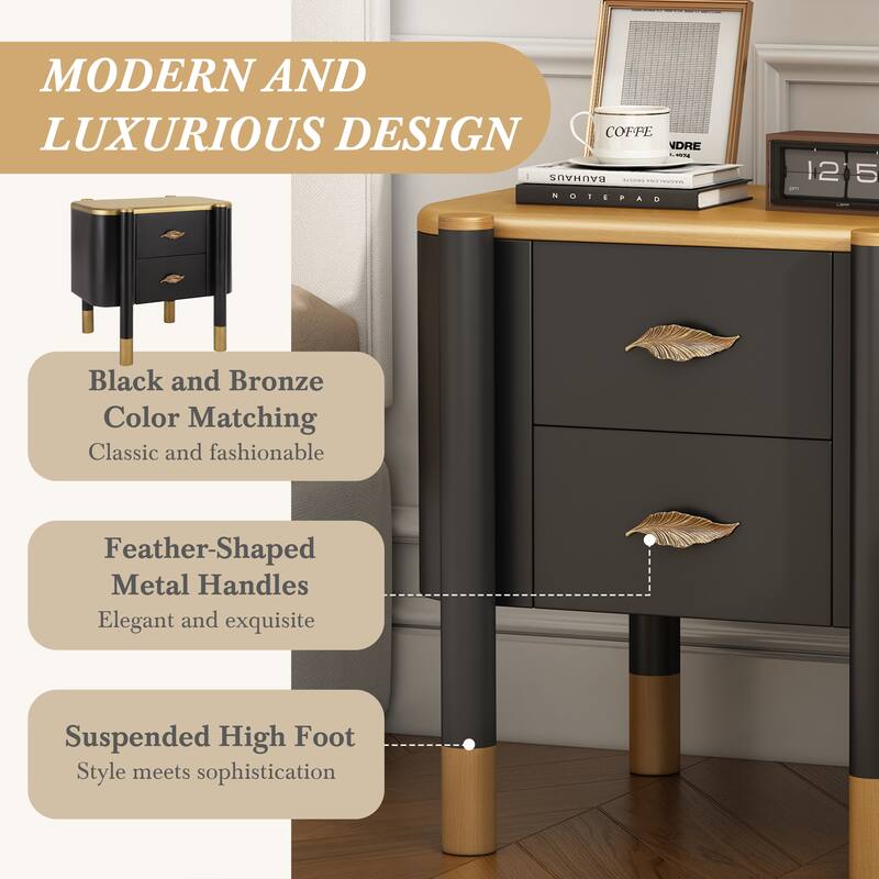 Black Bedside Table Storage Cabinet with Drawers, Lamp Table Coffee Table Accent Cabinet Dressing Table