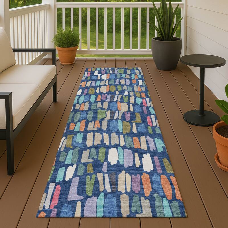 Machine Washable Indoor/ Outdoor Modern Mosaic Chantille Rug - Navy - 2'3" x 7'6"