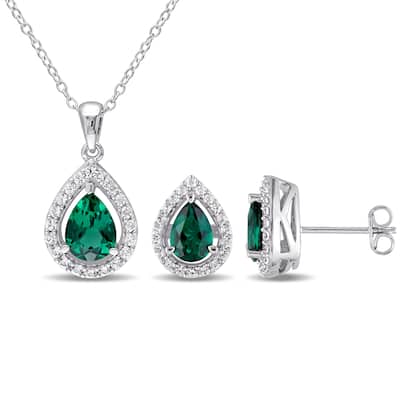 Miadora Silver Created Emerald and Sapphire Set of Necklace and Earrings - Green