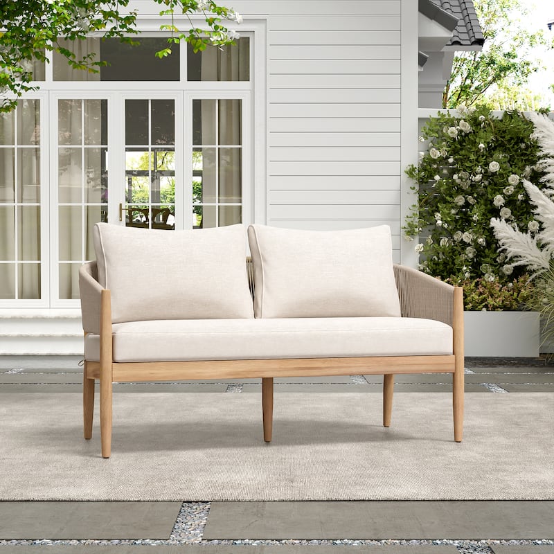 Christopher Knight Home - Eulalia Patio Acacia Wood and Rope Loveseat with Cushion.