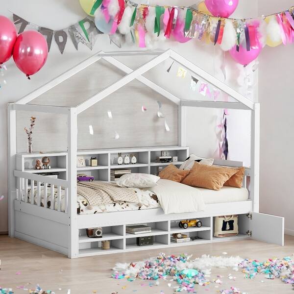 slide 2 of 10, Twin Size Wooden House Bed Platform Bed With Shelves And a Mini-cabinet White
