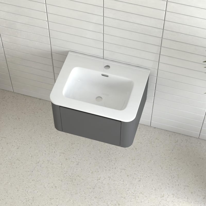 24" Grey Wall Mounted Bathroom Vanity with Basin Floating Vanity Drawer Bathroom Cabinet with White Ceramic Integrated Basin
