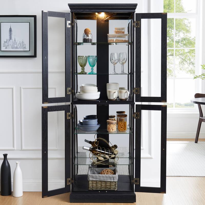 Lighted Glass Curio Display Cabinet with Wood Frame - Elegant Glass Storage for Wine, Toys & Collectibles -Bulb Included