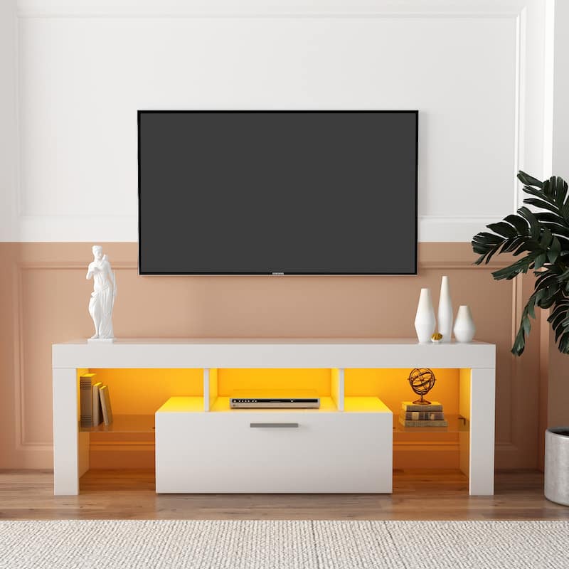 GDF Studio - Modern White Particle Board TV Stand with LED Light Belt and Glass Shelf - White