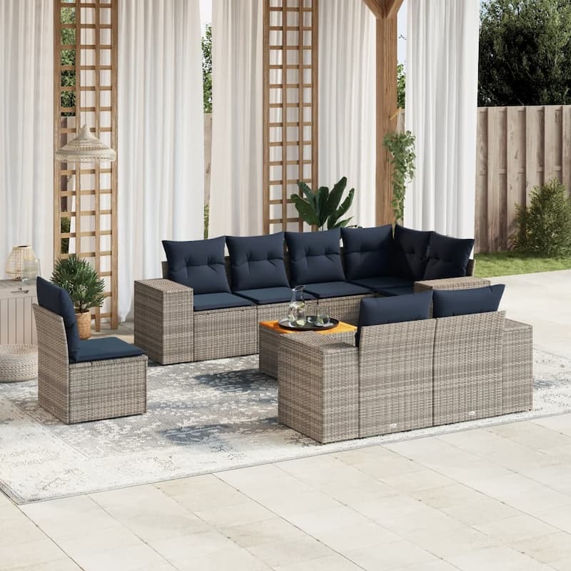 vidaXL 9 Piece Patio Sofa Set with Cushions Gray Poly Rattan - 100.4x33.5x65.4
