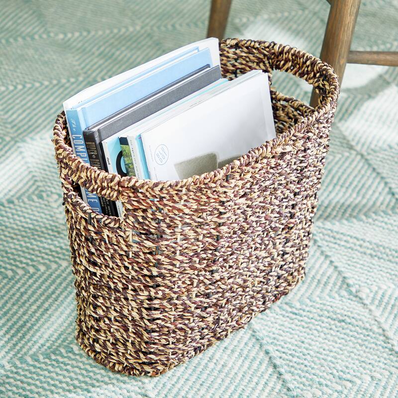 Seagrass Handmade Woven Single Slot Magazine Holder with Light Brown Accents - Brown - Roche River Decor - 9"W x 15"L x 13"H