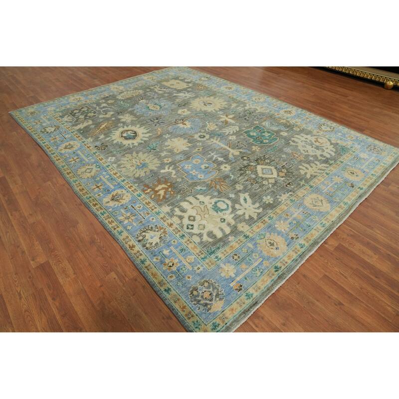 Vegetable Dye Wool Oushak Turkish Area Rug, Floral Geometric Carpet - 10' 3'' X 7' 9''