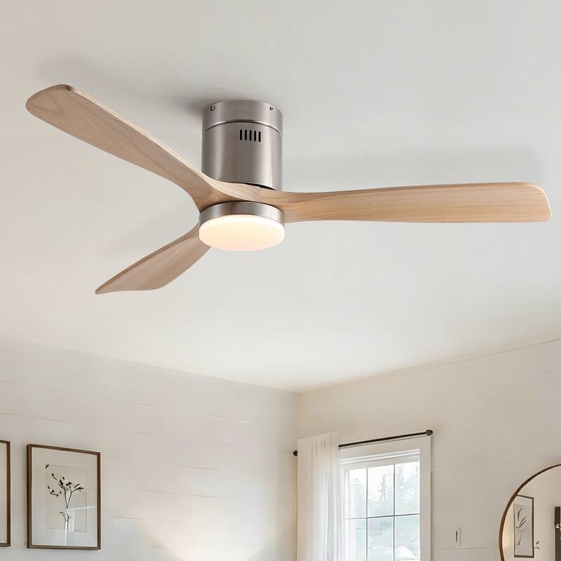 52 inch Mordern Cozy Natural Style Solid Wood Low Profile Flush Mount Intergrated LED Ceiling Fan with Light - Brushed Nickel