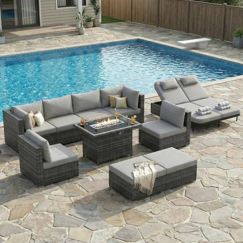 Outdoor Sectional Conversation Set PE Wicker with Double Chaise Lounge, 60,000 BTU Fire Pit Table - 10-Piece/Ottoman - Light Gray