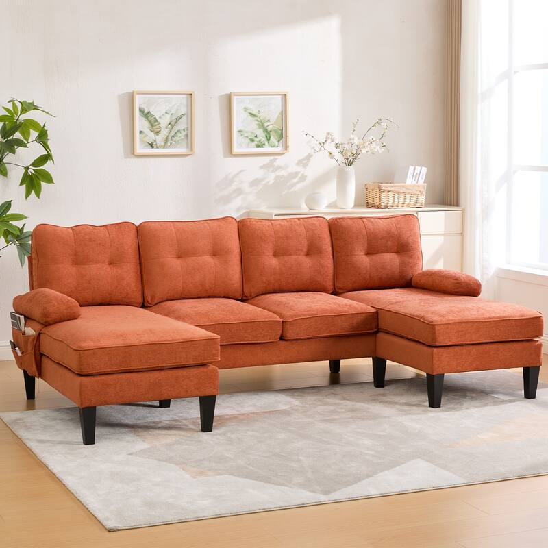 HOMEFUN Linen Upholstered U-Shaped 4-seater Tufted Wood Frame Sectional Sofa with Side Pocket - Orange