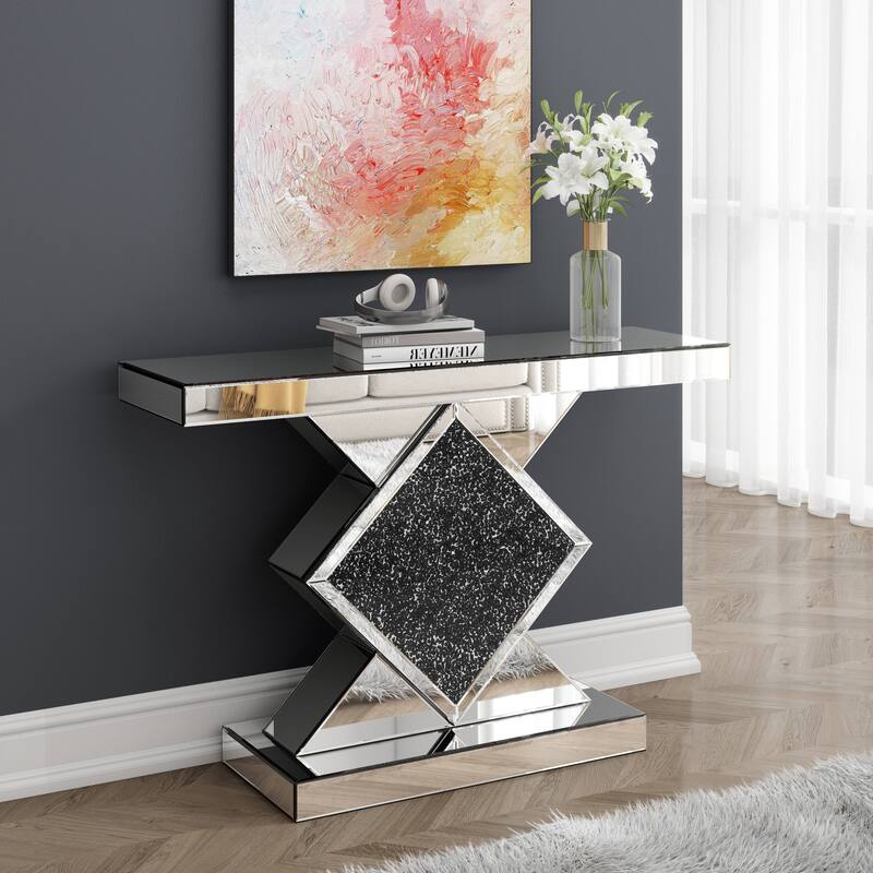 Mirrored Console Table with Black Crushed Diamond Inlay