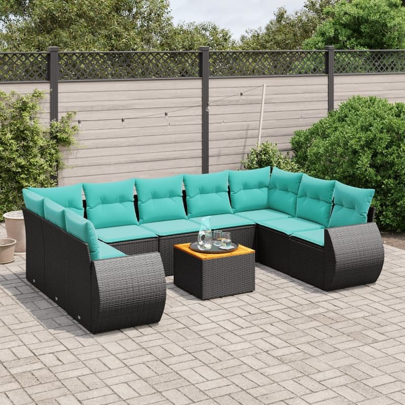 vidaXL 10 Piece Patio Sofa Set with Cushions Black Poly Rattan - 24.4 x 24.4 x 27.2 - Black-2x corner + 5x middle + table