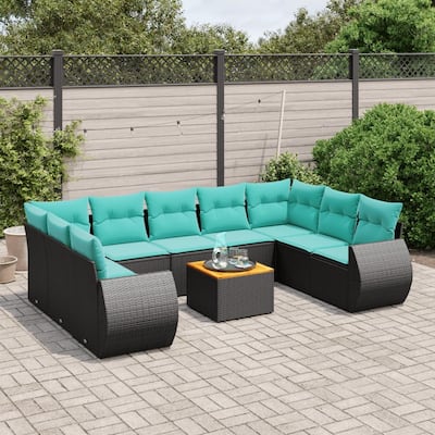 vidaXL 10 Piece Patio Sofa Set with Cushions Black Poly Rattan - 24.4 x 24.4 x 27.2