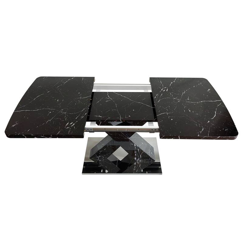 Modern Square Dining Table,Stretchable,Printed Marble Table Top+ X-Shape Table Leg with Metal Base