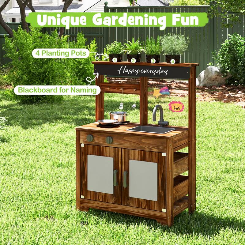 Brown Fir Wood Outdoor Play Kitchen with Sink, Pots, Blackboard and DIY Board - 27" L × 14" W × 38" H