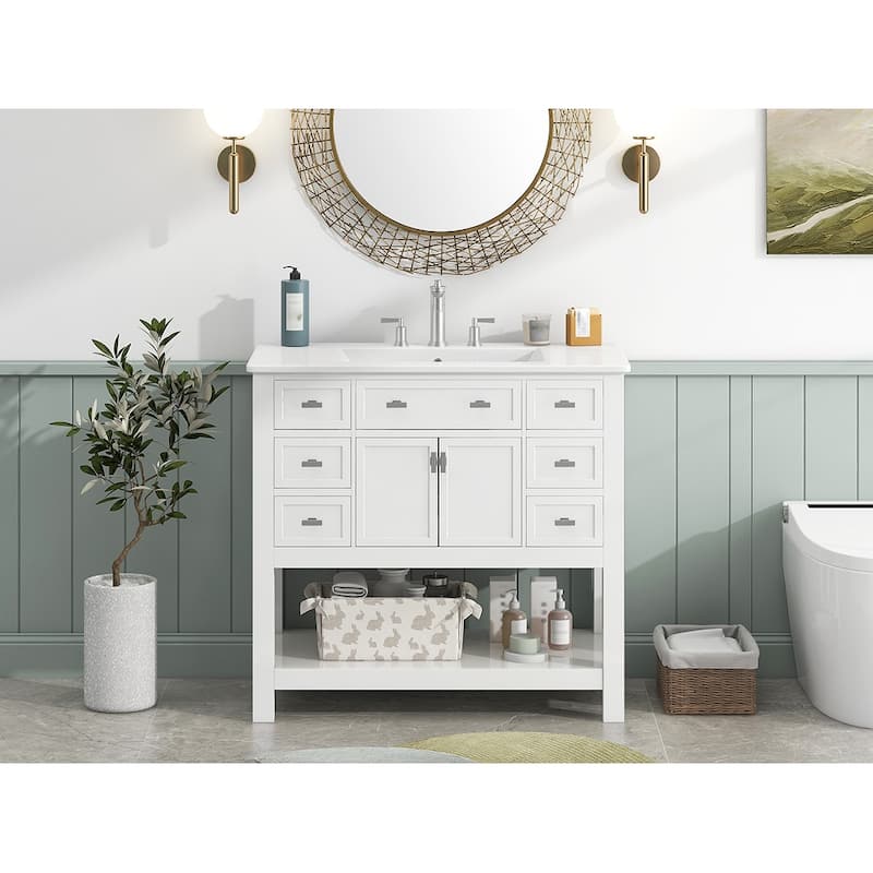 Roomfitters 36" Vanity with Sink, Modern Bathroom Cabinet with 2 Doors and 6 Drawers, Freestanding Storage Design