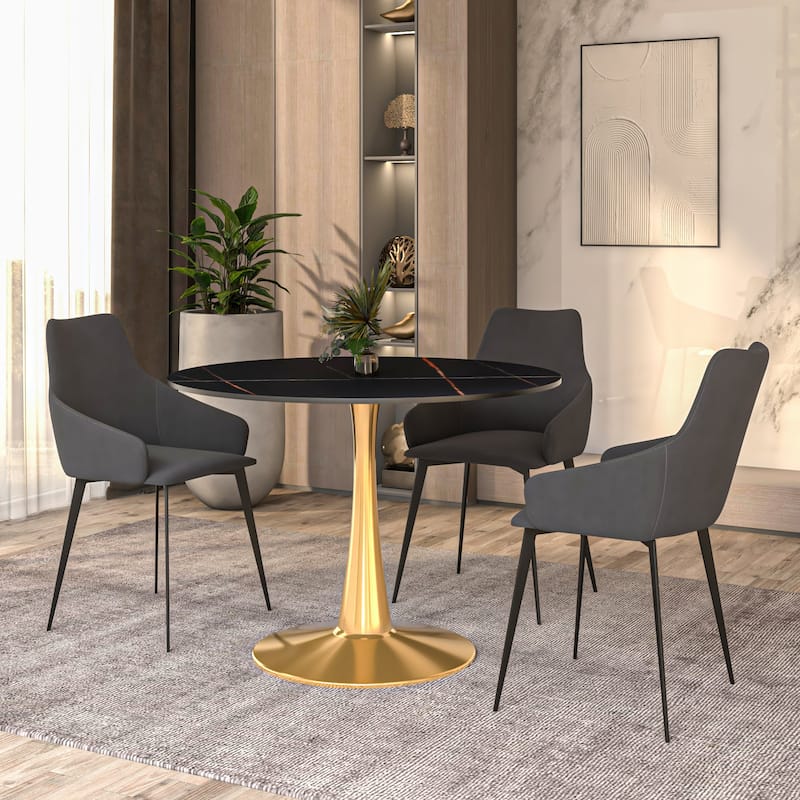LeisureMod Round Dining Table 40" Sintered Stone Tabletop in Gold Steel Bistro Series