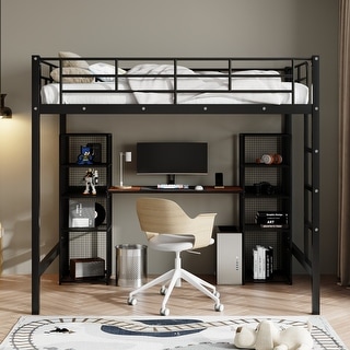 Full Size Metal Loft Bed with Built-in Desk, Shelves, and Full-Length Guardrails, Gold