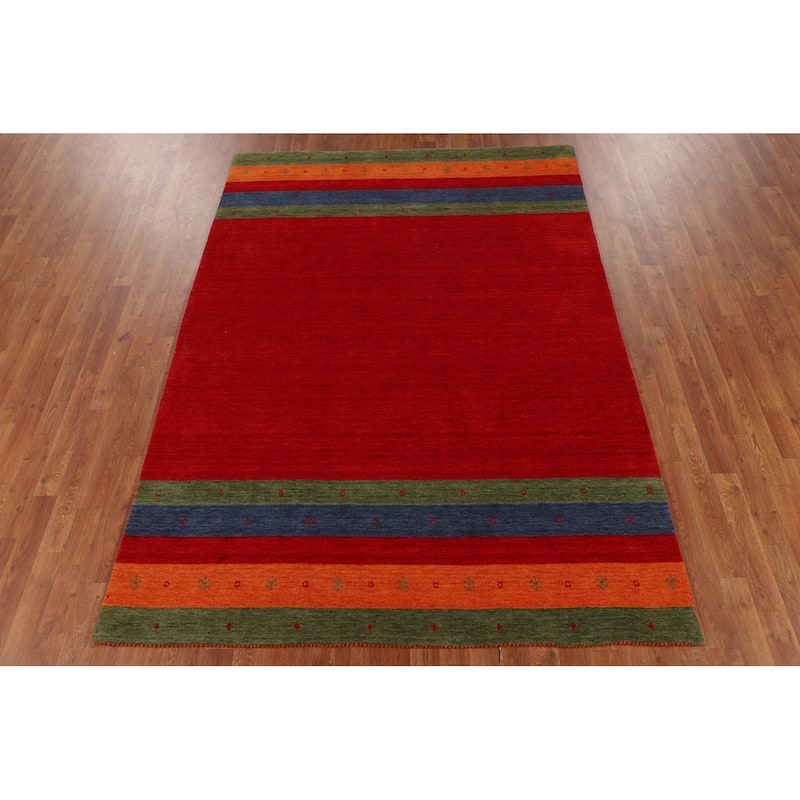 Striped Red Gabbeh Oriental Area Rug Handmade Wool Carpet - 5'8"x 7'11"