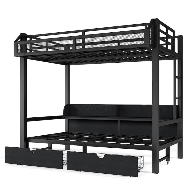 Twin over Twin Bunk Bed with Storage Shelves and Drawers, Multifunctional Metal Bunk Beds with USB Ports and LED Lights